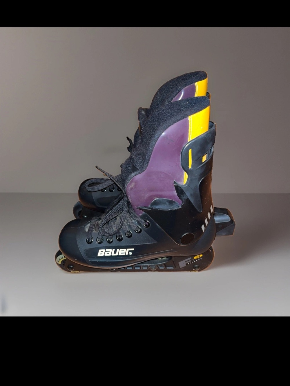 Vintage Bauer Fitness 3 Roller Blades Adult Inline Skates Sz. 7 Purp/Yellow/Blk